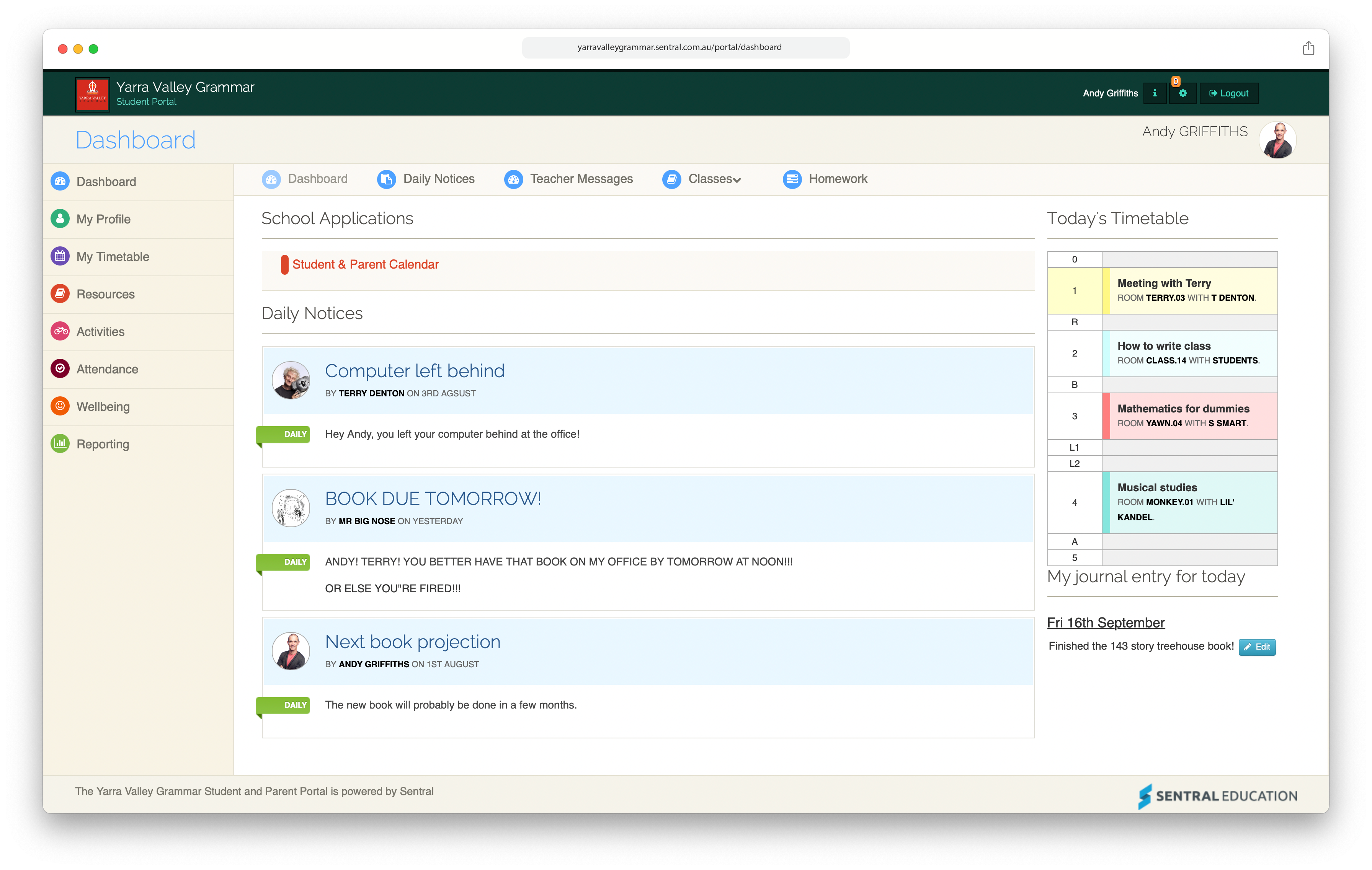 Sample Sentral Dashboard